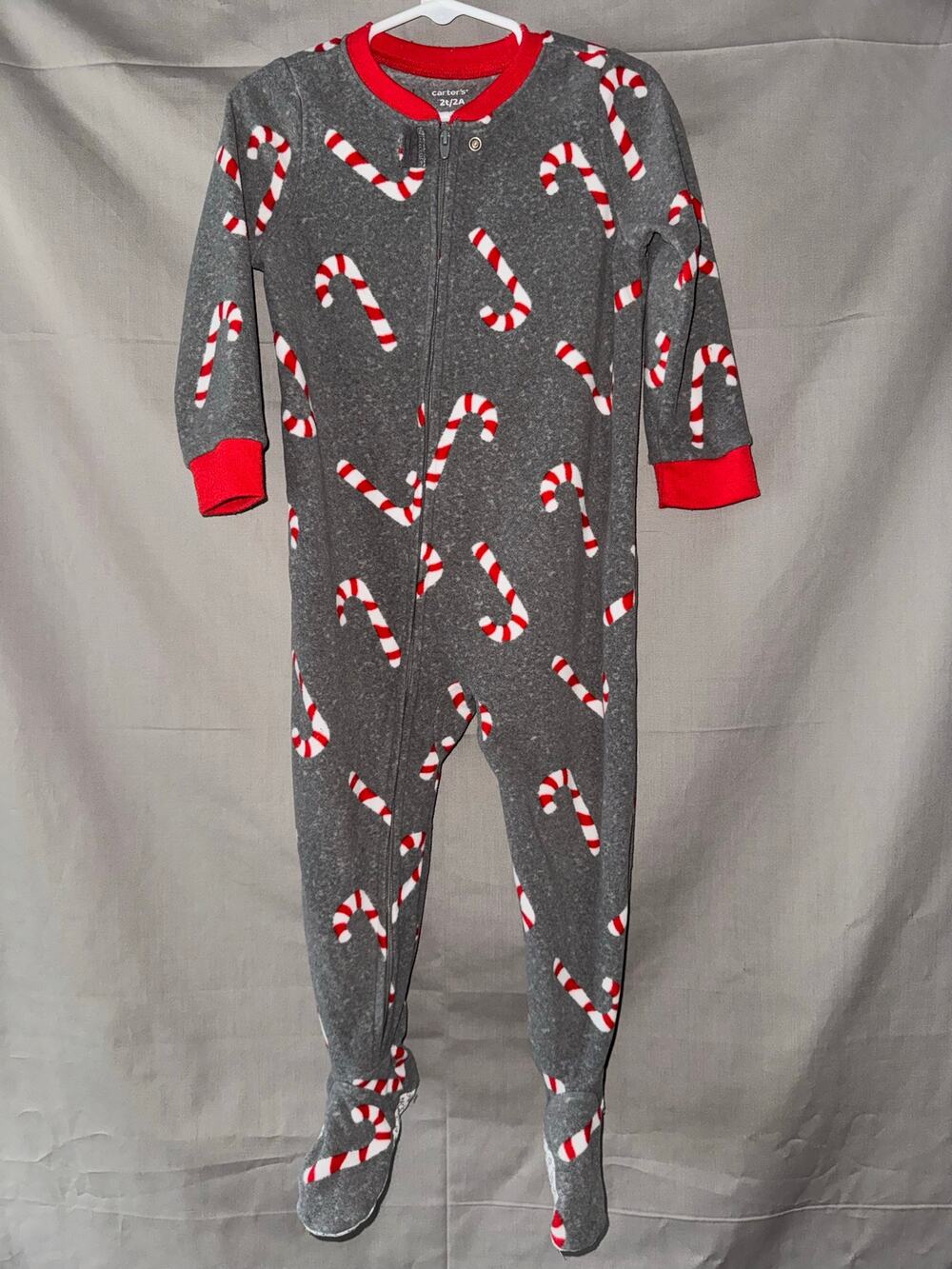 Carter’s Toddler Gray Candy Cane Christmas Fleece Footed Pajamas Sleeper Size 2T